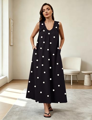Image of Women Flowy Maxi Dress Ruched Sleeveless Long Dress Vacation Fashion Summer Casual Loose Fit Sundress with Pockets