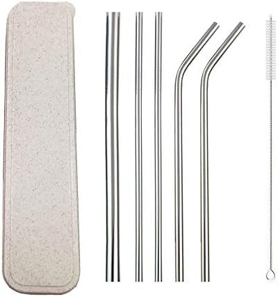 JASHII - Pajita portátil de acero inoxidable 304 con caja y cepillo de limpieza para viajes, camping, 5 unidades, Plateado