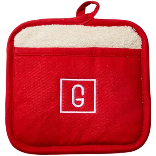 Personalization Universe Initial Embroidered Red Pot Mitt – Personalized Cotton Kitchen Hot Pad With Hand Pocket, Hanging Loop, Heat-Resistant Oven Mitt, Custom Housewarming Gift