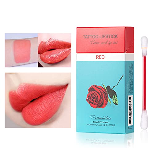 20 PCS Tattoo Cotton Swab Lipstick Cigarette Cotton Swab Lipstick Long Lasting Waterproof Disposable Portable Lipstick, Moisturizing Lip Balm Lip Stick Non-stick Lipstick(Red)