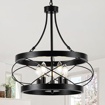 LUZBBLU 5-Light Farmhouse Chandelier, 17.72" Rustic Drum Dining Room Light Fixture, Black Chandeliers Hanging Pendant Lighting, Industrial Candle Chandeliers for Living Room Kitchen Entryway Bedroom