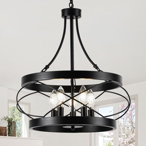 5 Light Farmhouse Chandelier 1772 Rustic Drum Dining Room Light Fixture Black Chandeliers Hanging Pendant Lighting Industrial Candle Chandeliers for Living Room Kitchen Entryway Bedroom