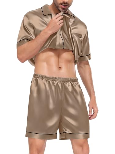 Image of SWOMOG Satin Matching Pajamas Sets Couple Silk Button Down Nightwear Women & Men Short Sleeve Sleepwear 2 Pieces Loungewear