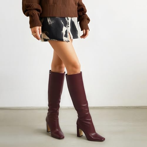 DREAMCIA Knee High Boots Women Square Toe Chunky Heel Wide Calf Tall Boots with Side Zipper Leather High Heel for Women4