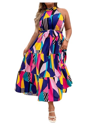 Image of Floerns Women's Plus Size Boho Sleeveless Halter Neck Tie Back A Line Long Dress