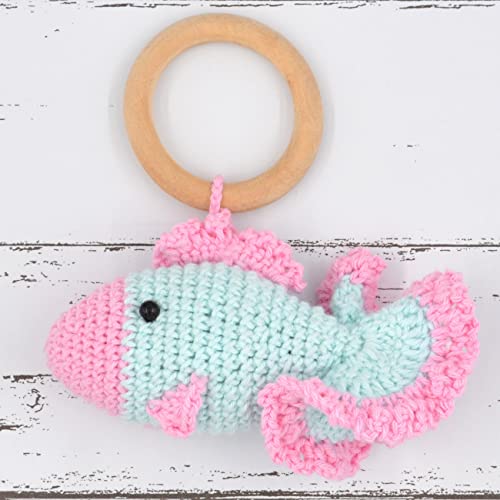Image of Love Crochet Art Animal Shape Crochet Rattle Cum Soft Toy for Infant, Kids & Babies, Early Age Gift Toys (Fish - Pink)