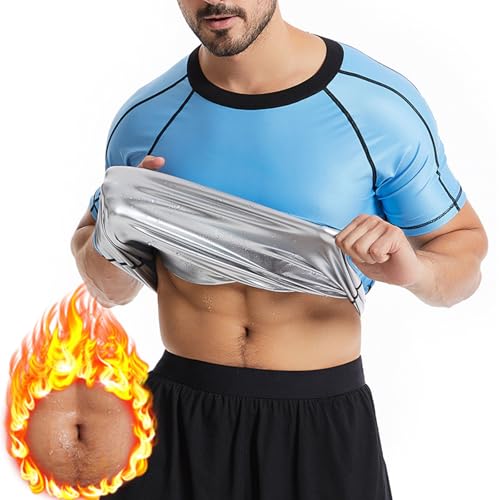 GENEMEN Sauna Shirt for Men Short Sleeve Sweat T Shirts Gym Workout Sauna Suits (Blue Shirts-Silver Inner, L)