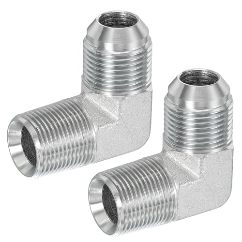 Image of PATIKIL 90 Degree Pipe Adapter, 2 Pcs 1-1 /16 inch Male 37 Flare JIC x 3 /4 inch BSPT Male Connector Carbon Steel Elbow Fitting for Air Hydraulic Fluid Fuel Water Oil, Silver