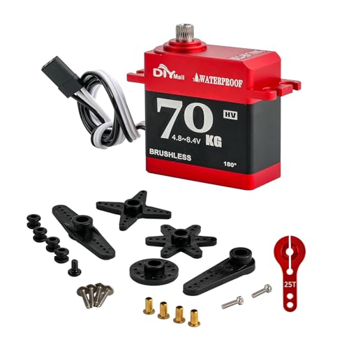 DIYmall 70kg Digital Servo Waterproof High Torque Brushless Motor Steel Gear Servo with 25T Metal Horn for 1/8 1/10 RC Car/Robot/Boat/Plane (180 Degree)