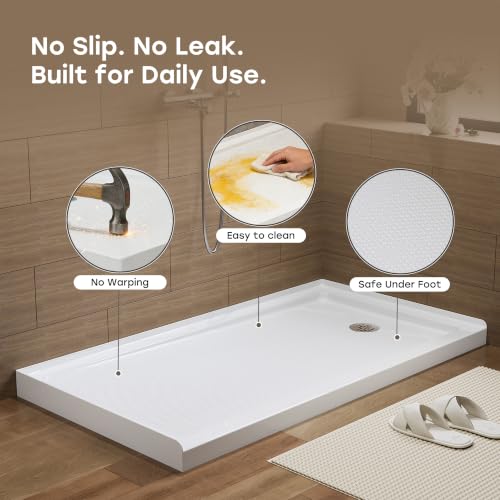 Image of HOROW 60 inch x 32 inch Shower Base, Right Drain Shower Pan, Low Profile Acrylic Base with Reinforced Fiberglass, Non-Slip Surface, Stainless Steel Drain Cover, Leak-Resistant for Bathroom