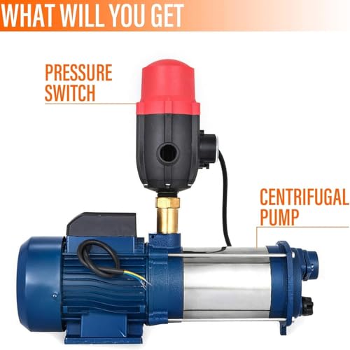 Bomba de riego de jardín, bomba de presión de agua industrial centrífuga, acero inoxidable con interruptor de presión (2200 W)
