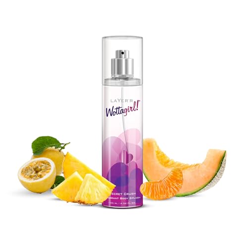 Image of Layer'r Wottagirl Secret Crush Body Splash for Women 135ml | Long-lasting body splash with mandarin, pineapple & vanilla notes. Fruity fragrance for everyday freshness and wear.