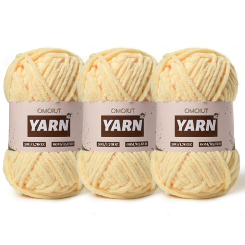 Image of 3 Packs Plush Chenille Chunky Crochet Amigurumi Yarn - Baby Yarn for Crocheting Soft - Fluffy Velvet Knitting for Blankets Crafts - 150g / 196.8yds (3 Yellowish)