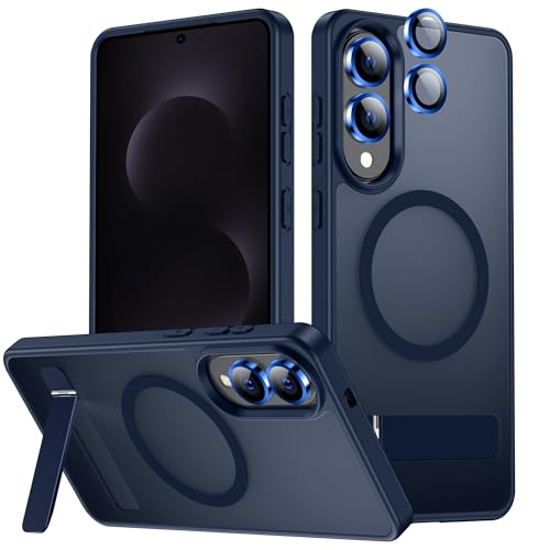 LEKEVO for Samsung Galaxy S25 Edge Case with Stand, Compatible with MagSafe, Camera Lens Protector, Translucent Matte Slim Silicone Shockproof Phone Cover, Blue