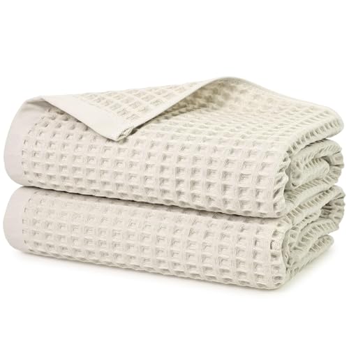 Jacquotha Waffle Bath Towels Set of 2 (Mist White) – Cotton, Quick Dry, Low Lint, 31” x 62” Large Towels for Bathroom Shower Spa Pool