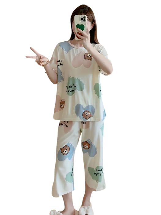 Image of Lunza Women's Cotton Pajama Set with Top & Pants|| Korean Night Suit|| Lightweight Printed Set || Soft & Comfy Sleepwear for Girls & Women