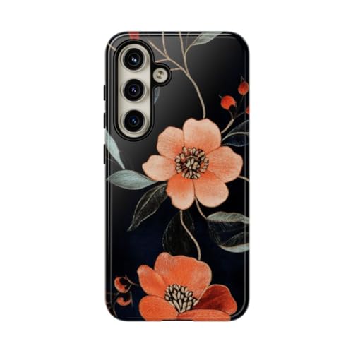 Coque Samsung S24 motif floral brodé orange rigide et brillante protégeant le smartphone