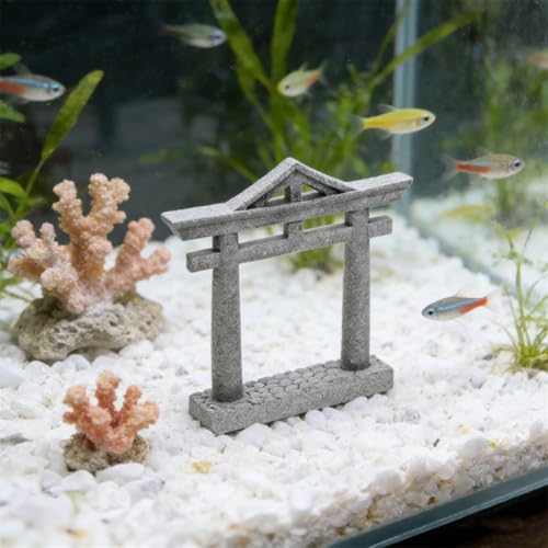 Image of livelyfish Japanese Fish Tank Decorations Asian Aquarium Decor Torii Gate Ornament Japanese Shrine Oriental Pagoda Aquarium Sandstone Bridge Statues Betta Fish Decorations for Tank, L2