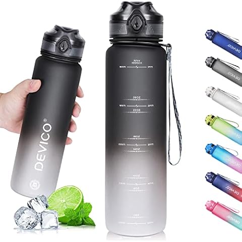 DEVICO 32oz Water Bottle with Time Marker, BPA Free & Frosted Tritan Plastic, Fast Flow & Leak Proof Flip Lid, Best Choice for Cycling, Running, Camping or Office Work (Orcas) Cover
