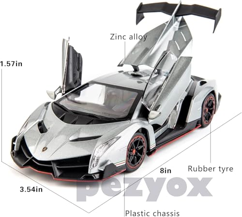 Image of Diecast Car for Lambo Veneno Model Car 1 /24 Scale Sports Toy Vehicle Door Can be Opened Toy Car Front Wheel Steerable (Gray)