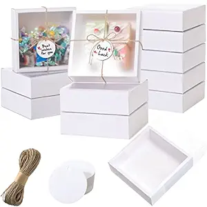 Roowest 50 Sets Kraft Gift Boxes Rectangle Kraft Paper Drawer Box with Window Homemade Soap Box with Blank Tags and Jute String for Jewelry Candy Wrapping Party Favor(White, 6.5 x 6.5 x 2 Inch)