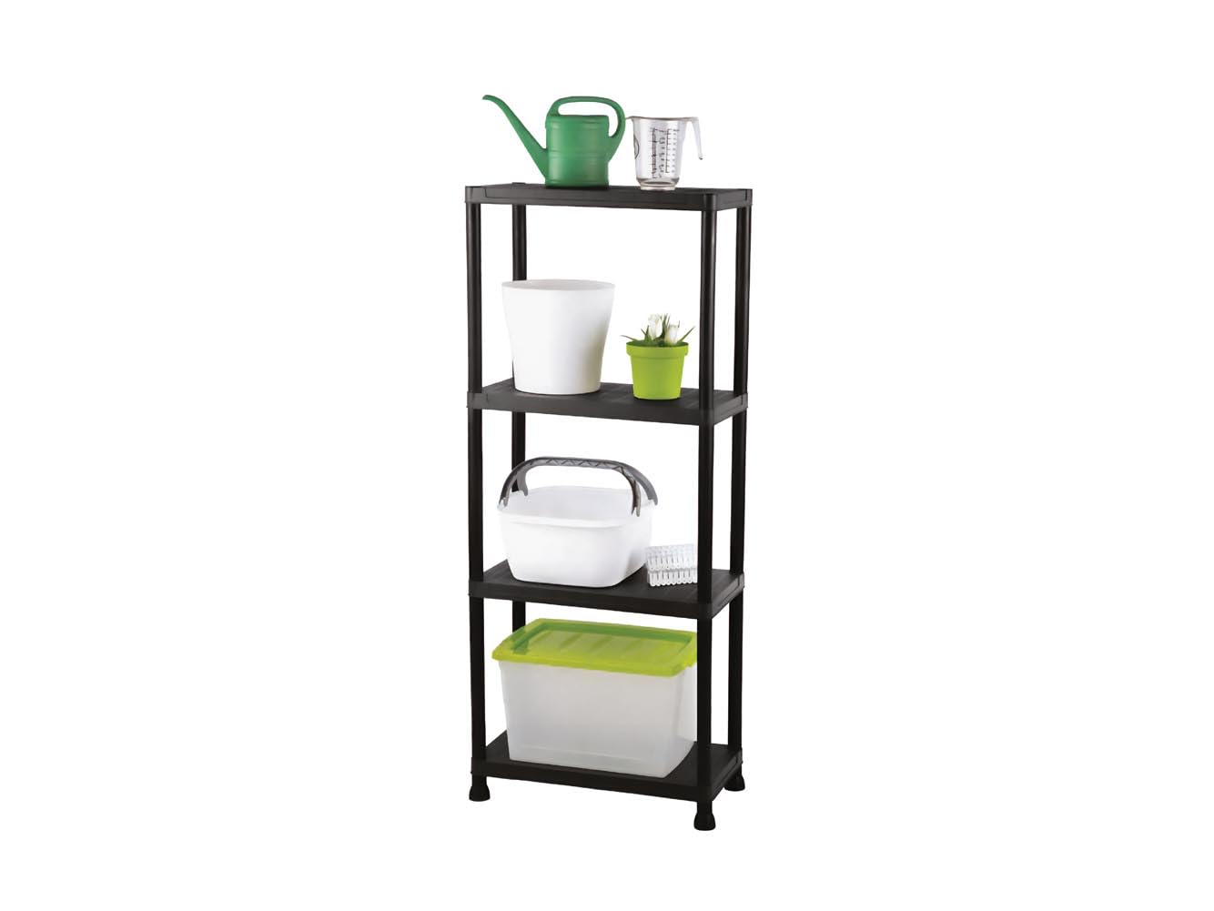 Perel Regal mit 4 Ablagen, werkzeuglose Montage, mit Wandbefestigung, 20 kg pro Ablage, 60x30x138 cm, Polypropylen, schwarz, ideal für Garage, Küche und Büro