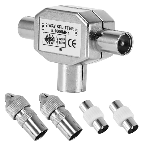 EASONGEE 2 Way TV Aerial Splitter, Digital Signal Antenna Splitter TV Coax Splitter with 2x Female and Male TV Aerial Adapter, Metal Housing TV Aerial Connector Digital Aerial Splitters