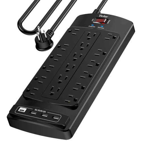 Image of Surge Protector Power Strip, Yintar 10 Feet Flat Plug Heavy Duty Extension Cord with 18 Widely Outlets and 4 USB Ports, 2100 Joules, ETL Listed, Black