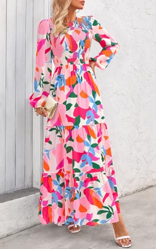 Image of PRETTYGARDEN Women's Fall Dresses 2026 Long Sleeve Flowy Casual Floral Maxi Dress Crew Neck Smocked Tiered Long Dress