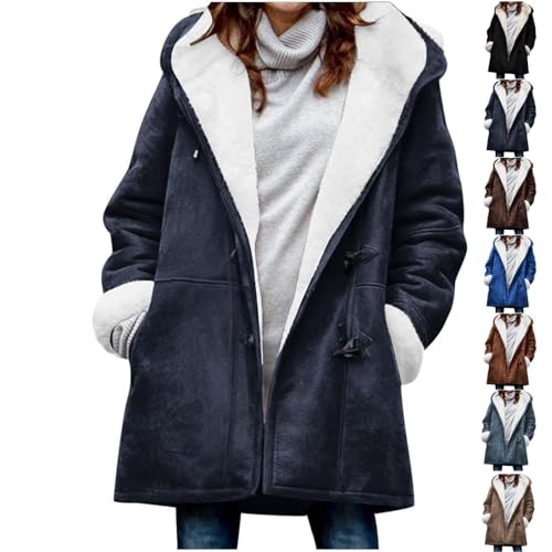 Women's Fleece Quilted Jackets Faux Suede Pea Coat Warm Casual Soft Cozy Horn Button Down Coats With Pockets