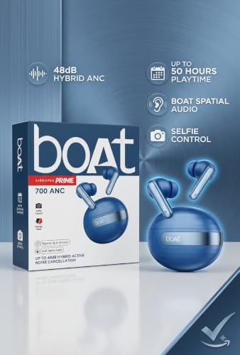 Image of Boat Airdopes Prime 700 ANC TWS Earbuds, 50Hr Playtime, Blue | 48dB Hybrid ANC, Spatial Audio, Selfie Control, Change Voice Feature, True Wireless