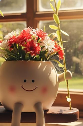 Image of KSV Enterprises Decorative Hanging Planter Pot with Swing Shelf, White Resin Smiling Face Design, Indoor Garden Decor for Artificial Flowers