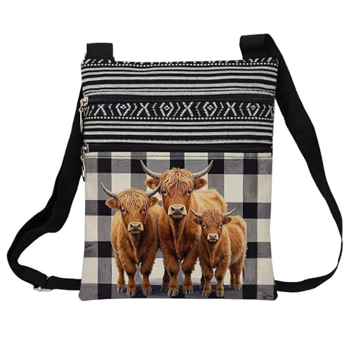 Checkered Highland Cattle Messenger Bag Small Ethnic Pattern Adjustable Strap Crossbody Zipper Pouch Highland Cattle Phone Organizer Wallet Cute Shoulder Handbag for Women Friends-2