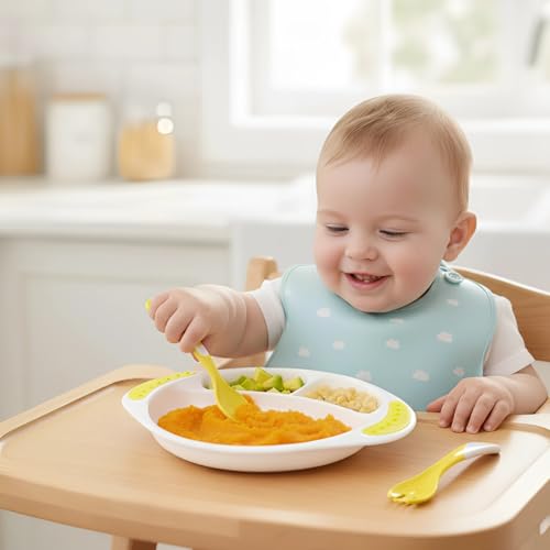 Image of BabyPro Feeding Plate Set with Spoon & Fork for Toddlers, Yellow 1+ Years | BPA-Free, Non-Toxic, Easy-Grip Handles, Pefrect Size Baby Meal Set for Kids