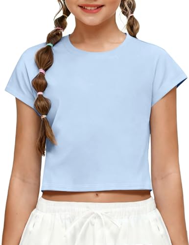 Arshiner Girls' Summer T-Shirt Elegant Flowing Sleeve Blouse Children's Solid Color Round Neck Fashion Tee Casual Basic Loose Short Tops Kids' Clothing Blue 7-8 Years