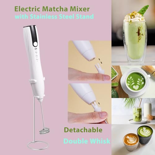 Image of Rechargeable Milk Frother Handheld with Stand, Coffee Foam Frother Wand, Detachable Stainless Steel Whisk Drink Mixer for Coffee, Cappuccino, Lattes, Frappe, Matcha,Egg and Hot Chocolate, White