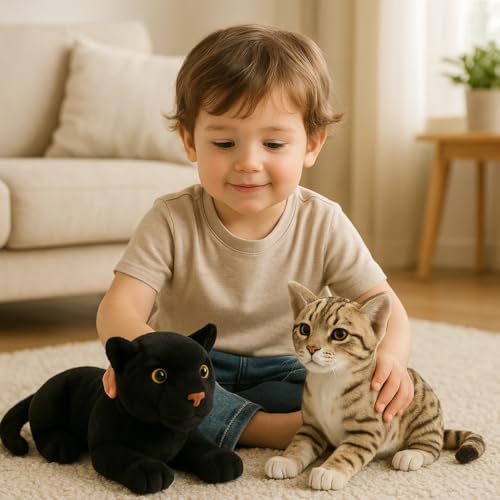 Image of Cute Panther & Brown Cat Plush Toy Combo - 30 cm Soft Stuffed Animals for Kids | Super Soft & Huggable for Boys & Girls (Pack of 2)