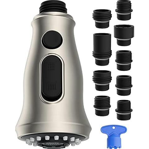 Pull Down Faucet Head Replacement with 9 Adapters Compatible with Moen Delta Faucet Head, 3 Function Kitchen Sink Faucet Sprayer Head Fit Most Faucet, Brushed Nickel Cover
