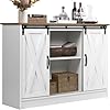 4ever2buy Farmhouse Coffee Bar Cabinet with Sliding Barn Doors White Coffee Bar with Storage Kitchen Coffee Bar Cabinet with Adjustable Shelf Farmhouse Coffee Bar Buffet Cabinet for Living Room
