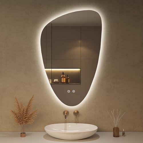 OUMUSU Spiegel mit Beleuchtung Asymmetrischer LED Badspiegel 50 x 78 cm mit Touch-Schalter, Dimmbar 3 Lichtfarbe Einstellbare, Beschlagfrei Badezimmerspiegel mit Beleuchtung, Bruchsicher 1
