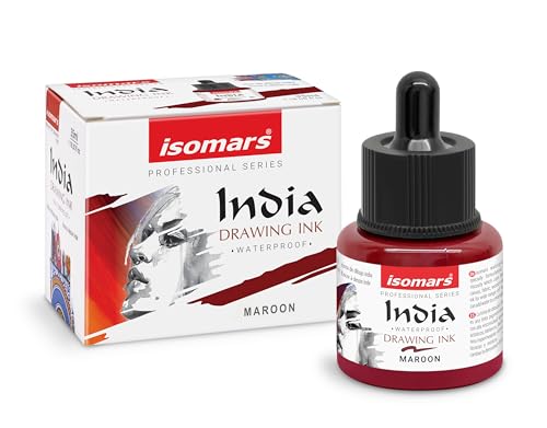 Image of Isomars Waterproof Drawing Ink with Dropper - 35ml | India Ink for Calligraphy, Art, Technical Drawing | Fade-Resistant & Quick-Drying (Maroon)