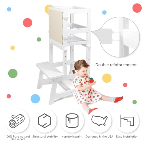 Image of Kitchen Step Stool for Toddlers with Non-Slip Mat, WOOD CITY Wooden Kids Montessori Learning Stool Tower, Toddler Standing Tower Helper for Kitchen Counter and Bathroom Sink(White-Adjustable)