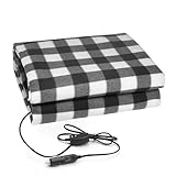 PHYSIZZ Heated Car Blanket - 12 Volt Travel Electric Blanket for Car, Truck, SUV, RV - Car Heated Throw for Cold Weather, Camping - 59' L x 43” W (Black/White Plaid)