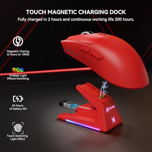 Image of ATTACK SHARK X1 Wireless Gaming Mouse with RGB Charging Dock, PAW3395 PRO Sensor Up to 40K DPI,53g Ultra Light Tri-Mode Computer Mice,1KHz Polling Rate 5 Programmable Buttons for WIN /MAC-Red