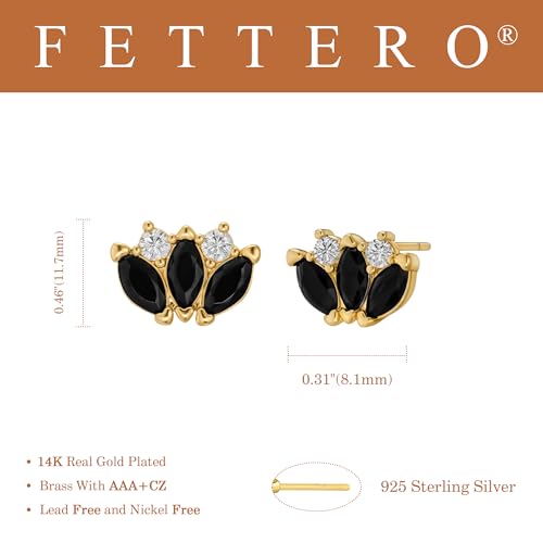 FETTERO Stud Earrings for Women - 14K Gold Plated CZ Hypoallergenic Earrings Studs Dainty Black CZ Leaf Gold Earrings for Women Trendy Statement Jewelry