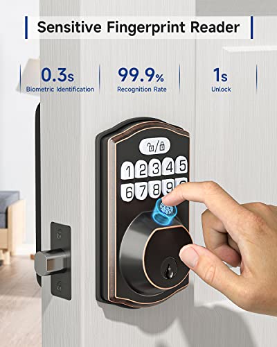 Hosom Smart Fingerprint Deadbolt For Front Door, Electronic Keypad Entry Door Lock-20 User Codes, Anti Peeking, Auto Lock, Oil Rubbed Bronze #TOP2