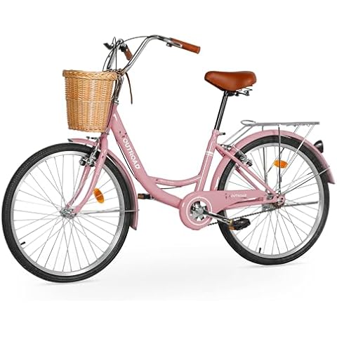 Outroad Beach Cruiser Bike, 24 inch Commuter Bicycle for Adult Men and Women,High-Carbon Steel Comfortable City Bikes with Rear Rack or Basket,Pink Cover
