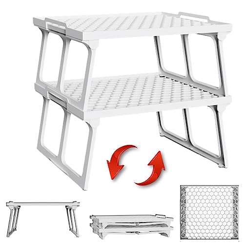 ums Plastic Kitchen Cabinet Shelf Organizer, White Plastic Stackable Freezer Rack, Shelf Riser, Usable Storage Rack for Your Spice, Refrigerator, Pantry (12 X 11 inch) Fridge Shelf Riser Pack Of 2