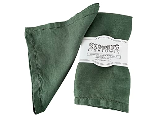 Hemstitched Linen Napkins – 20 Inch x 20 Inch – Stonewashed Pure Linen Cloth Dinner Napkins with Mitered Corners - 100% French Flax – Machine Washable - Set of 4 (Soft Rustic Green)