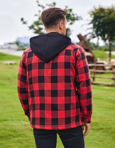 COOFANDY Herren Karierte Jacke Hemdjacke Holzfäller Jacke Gefüttert Hoodie Langarm Flanellhemd Winterjacke Baumwolle Arbeitsjacke Oberhemden mit Kapuze Hellrot S